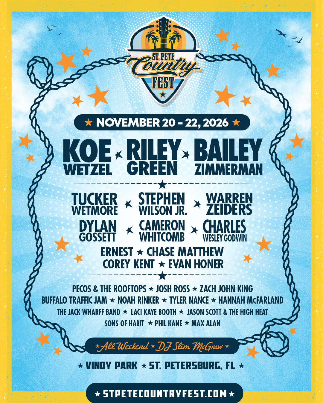 St. Pete Country Fest 2026 official lineup flyer, November 20–22 at Vinoy Park in St. Petersburg, Florida