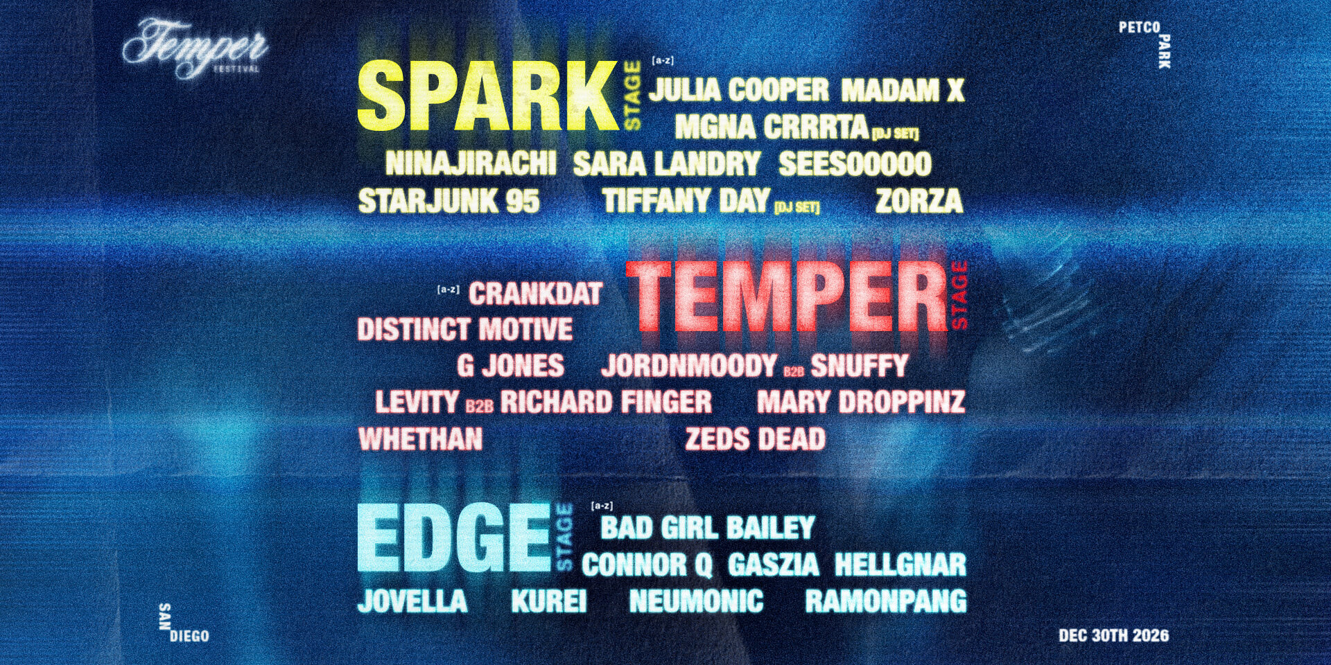 Temper Festival 2026 official stage lineup artwork, December 30 at Petco Park in San Diego